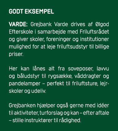 GODT EKSEMPEL Varde: Grejbank Varde drives af lgod Efterskole i samarbejde med Friluftsr det og giver skoler, foreni...